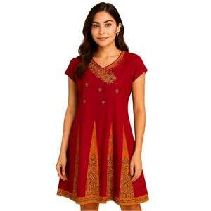 Embroidered Burgundy Kurti‎ Midi Dress Cap Sleeves Floral Detail Size M - L